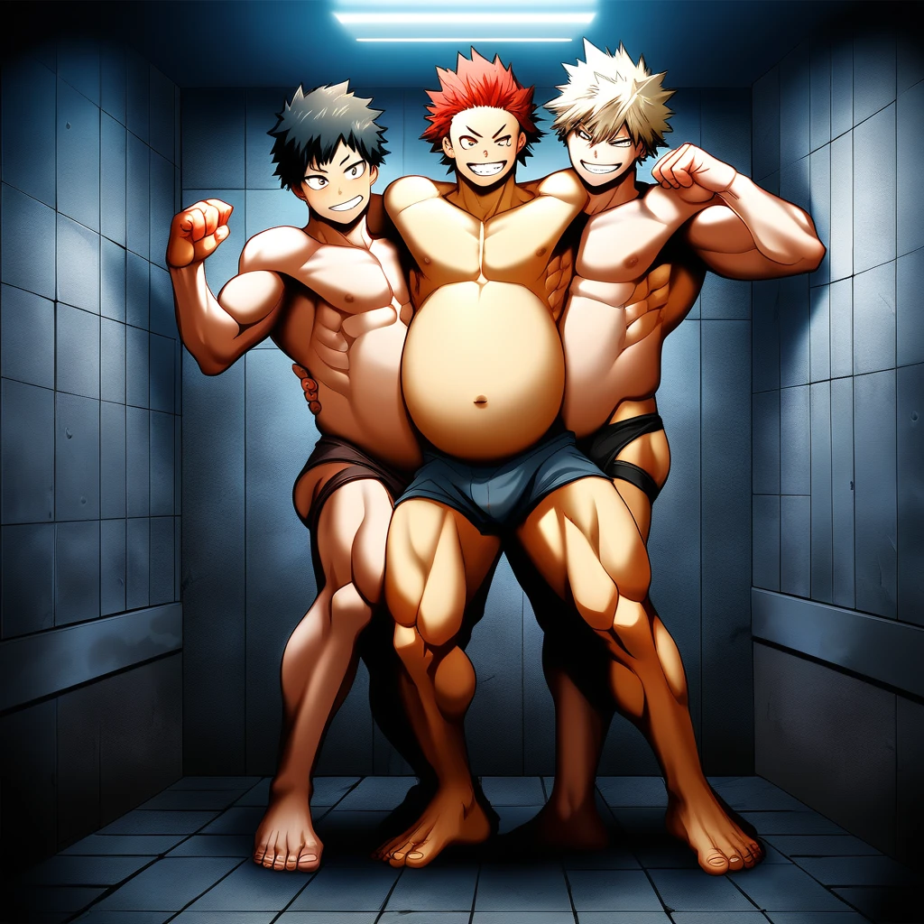 2boys, full body, male focus, muscular male, best quality, amazing quality, best aesthetic, absurdres, in a dark basement, gay couple, official style, year 2023, game cg, looking at viewer, happy, looking at viewer, together on picture, yaoi, gay couple, emphasizing the extraordinary size of pregnant belly, (bakugou katsuki), Eijiro Kirishima red riot, boku no hero academia, chained up on the wall, nipples, wearing black underwear, grin.