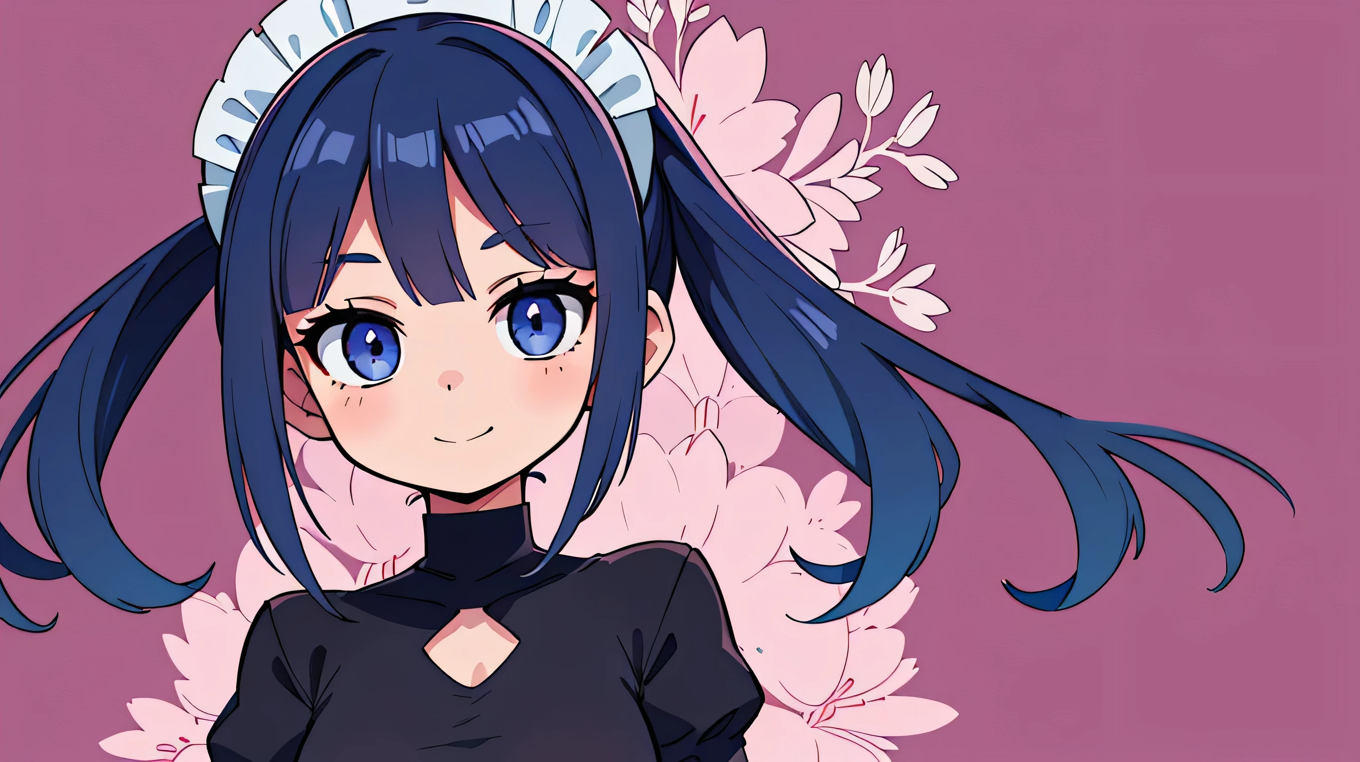 (Ultra bright color, Masterpiece, Best quality, blossom, Warm, soft light, modern, Hi-tech), 1 girl, One, standing tall, full length, maid clothes (background:1.4), black T-shirt without print, beautiful detailed face, slight smile, (blue) Medium hair, (detailed (blue) Ruby eyes), young, small breasts