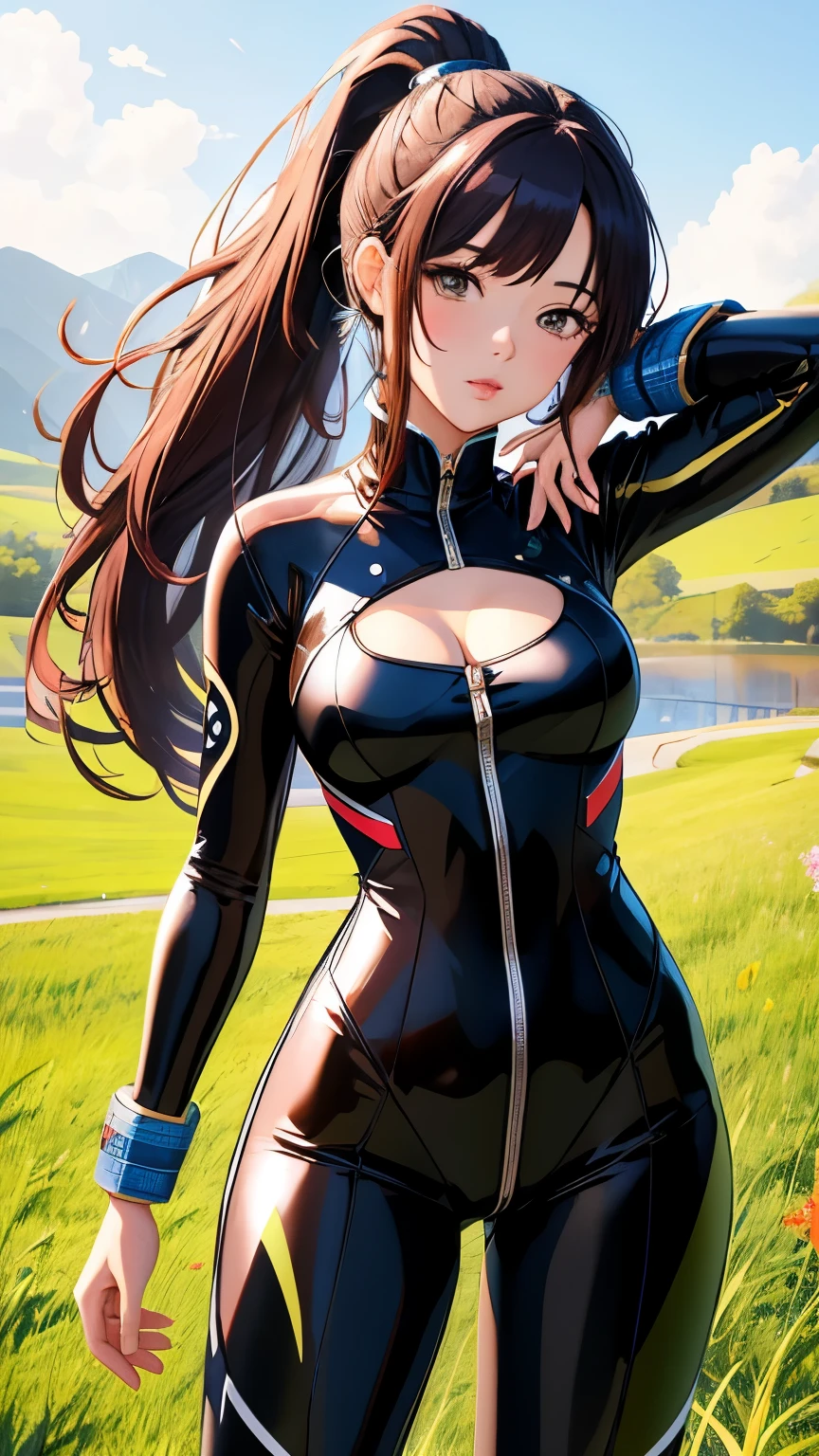 best quality, 1girl, masterpiece ultra detailed, illustration, yang guifei, glossy lips, standing, ponytail, bodysuit, catsuit, grass