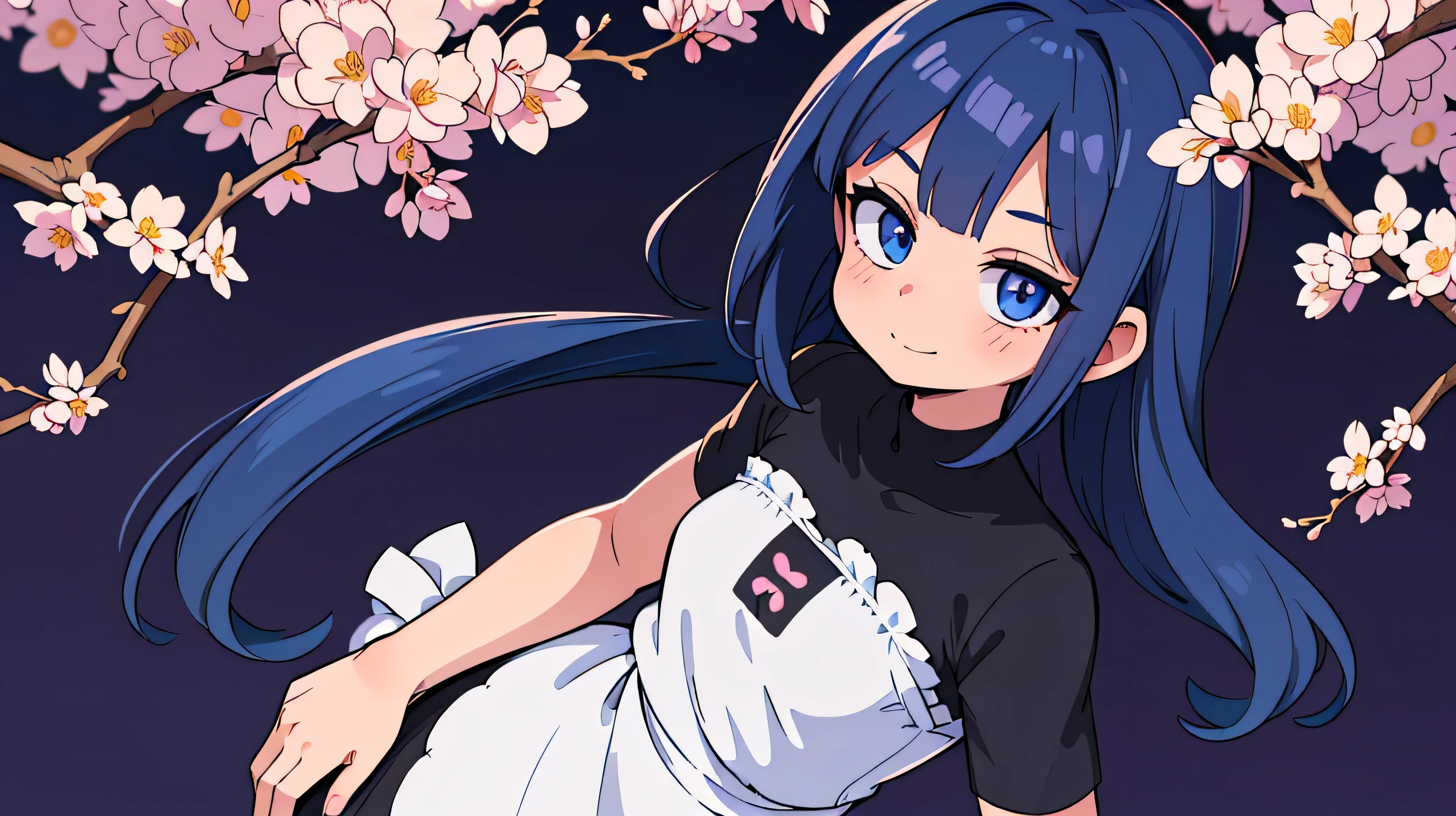 (Ultra bright color, Masterpiece, Best quality, blossom, Warm, soft light, modern, Hi-tech), 1 girl, One, standing tall, full length, maid clothes (background:1.4), black T-shirt without print, beautiful detailed face, slight smile, (blue) Medium hair, (detailed (blue) Ruby eyes), young, small breasts