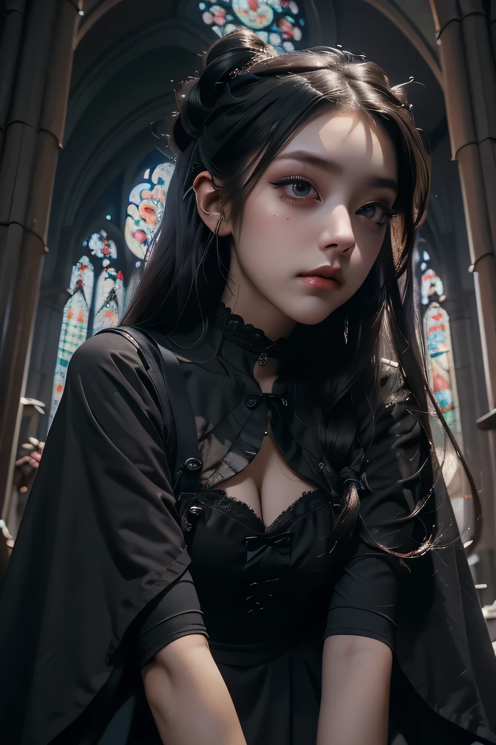 Beautiful 20 year old woman、 A peerless beauty, Extraordinary beauty, Enchanting, ((Dark Gothic Makeup)), Bell Sleeves、Wizard Sleeve, (Black maid outfit)、Dark Gothic、Long dresses、Gothic Lolita, (garter belt、Knee-high socks、pantyhose), Black ribbon on twin tails、Black dark eyeshadow、Visual Lock、Good skin radiance、Lace pink、Long Hair Straight Hair、Dark Gothic Makeup, Black hair color, Looking up from below, Deep Night Sky, Inside the church, Stained Glass Background, masterpiece, 最high quality, high quality, High resolution, (Gothic Lolita), Plump thighs, (Face close-up)