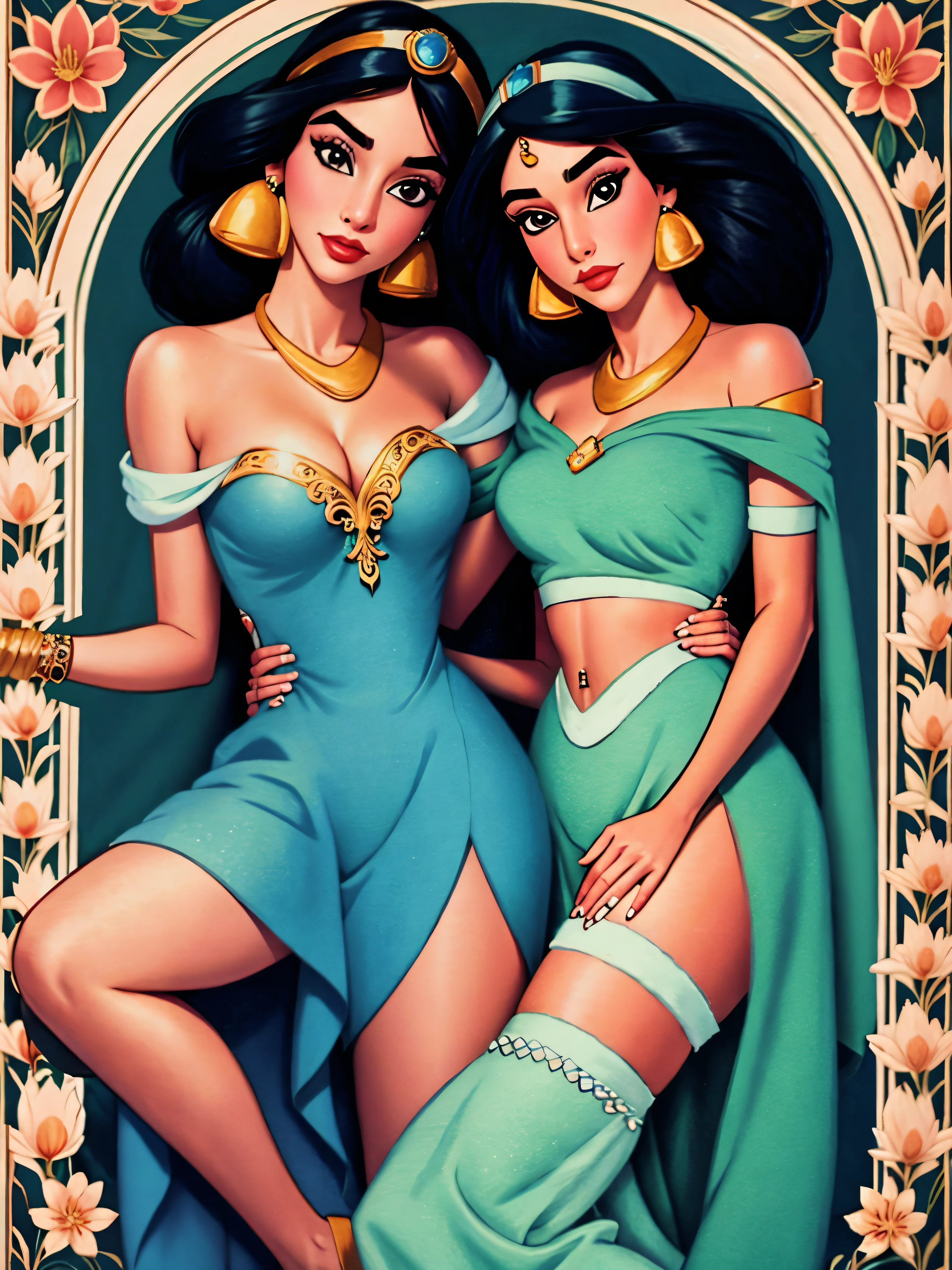 (((1girl))), (((23years))), ((full body shot)), Jasmine on a silk bed cuddling a big tiger, Arabian, diadem with blue gem, jewelry, bracelets on arms, anklets on legs, colorful silks, Arabian setting, flowers, looking at viewer, ((highly detailed)), (((masterpiece))) Hyacinth