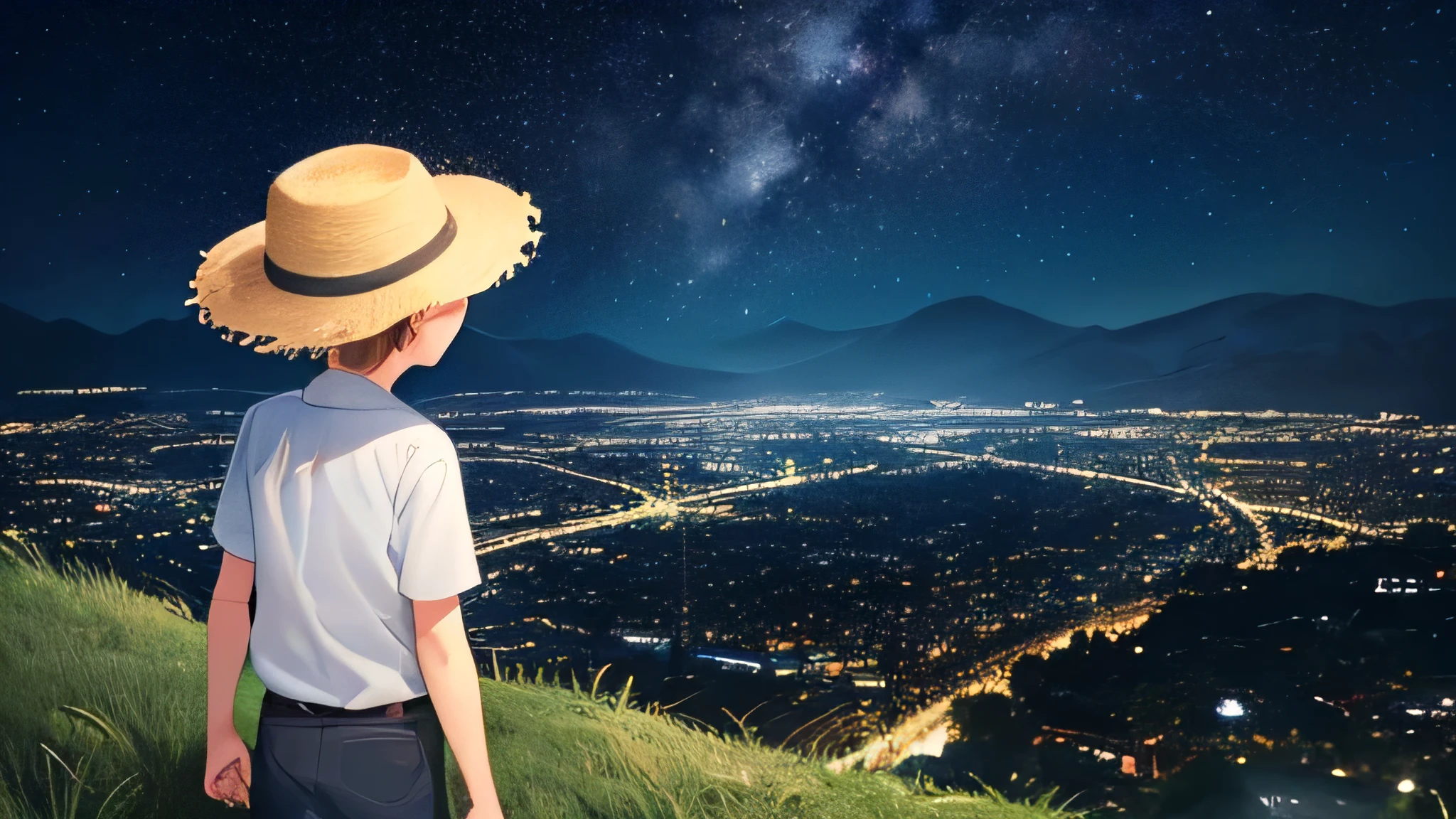 Starry Sky、Night view、Overlooking the night cityscape、Green Mountain々、landscape、Heartwarming、The back of a boy wearing a straw hat、A boy on the right side of the screen points his hand towards the sky、Picture book-like design