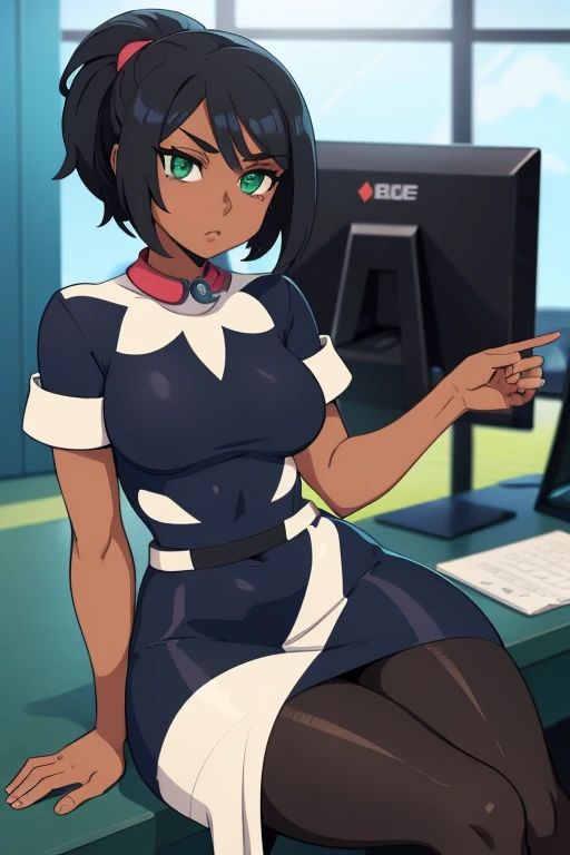 masterpiece, best quality, ultra-detailed, illustration, colorful, flat color, depth of field, 1girl, nidalee, anime, sitting, black hair, short hair, green eyes, dark skin, white tribal marks, looking at viewer, at office, black business dress, pantyhose, black pantyhose, detailed skin texture, detailed cloth texture, beautiful detailed face, Pokémon trainer 