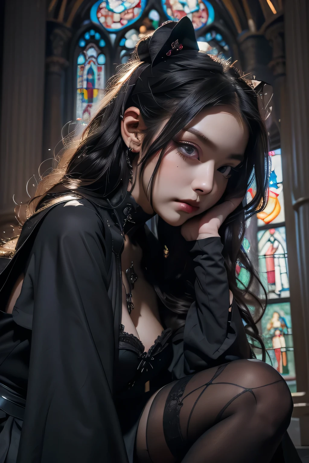 Beautiful 20 year old woman、 A peerless beauty, Extraordinary beauty, Enchanting, ((Dark Gothic Makeup)), Bell Sleeves、Wizard Sleeve, (Black maid outfit)、Dark Gothic、Long dresses、Gothic Lolita, (garter belt、Knee-high socks、pantyhose), Twin tails、Black dark eyeshadow、Visual Lock、Good skin radiance、Lace pink、Long Hair Straight Hair、Dark Gothic Makeup, Black hair color, Looking up from below, Deep Night Sky, Inside the church, Stained Glass Background, masterpiece, 最high quality, high quality, High resolution, (Gothic Lolita), Plump thighs, (Face close-up)
