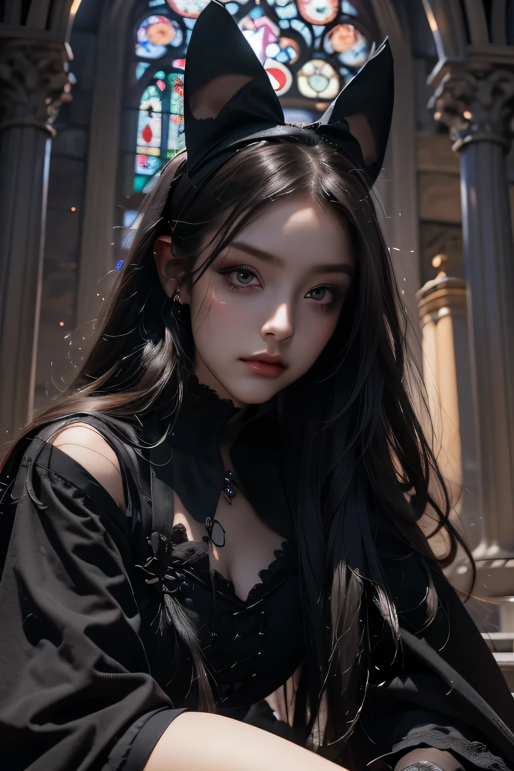 Beautiful 20 year old woman、 A peerless beauty, Extraordinary beauty, Enchanting, ((Dark Gothic Makeup)), Bell Sleeves、Wizard Sleeve, (Black maid outfit)、Dark Gothic、Long dresses、Gothic ta, (garter belt、Knee-high socks、pantyhose), Twin tails、Black dark eyeshadow、Visual Lock、Good skin radiance、Lace pink、Long Hair Straight Hair、Dark Gothic Makeup, Black hair color, Looking up from below, Deep Night Sky, Inside the church, Stained Glass Background, masterpiece, 最high quality, high quality, High resolution, (Gothic Loli Plump thighs, (Face close-up)