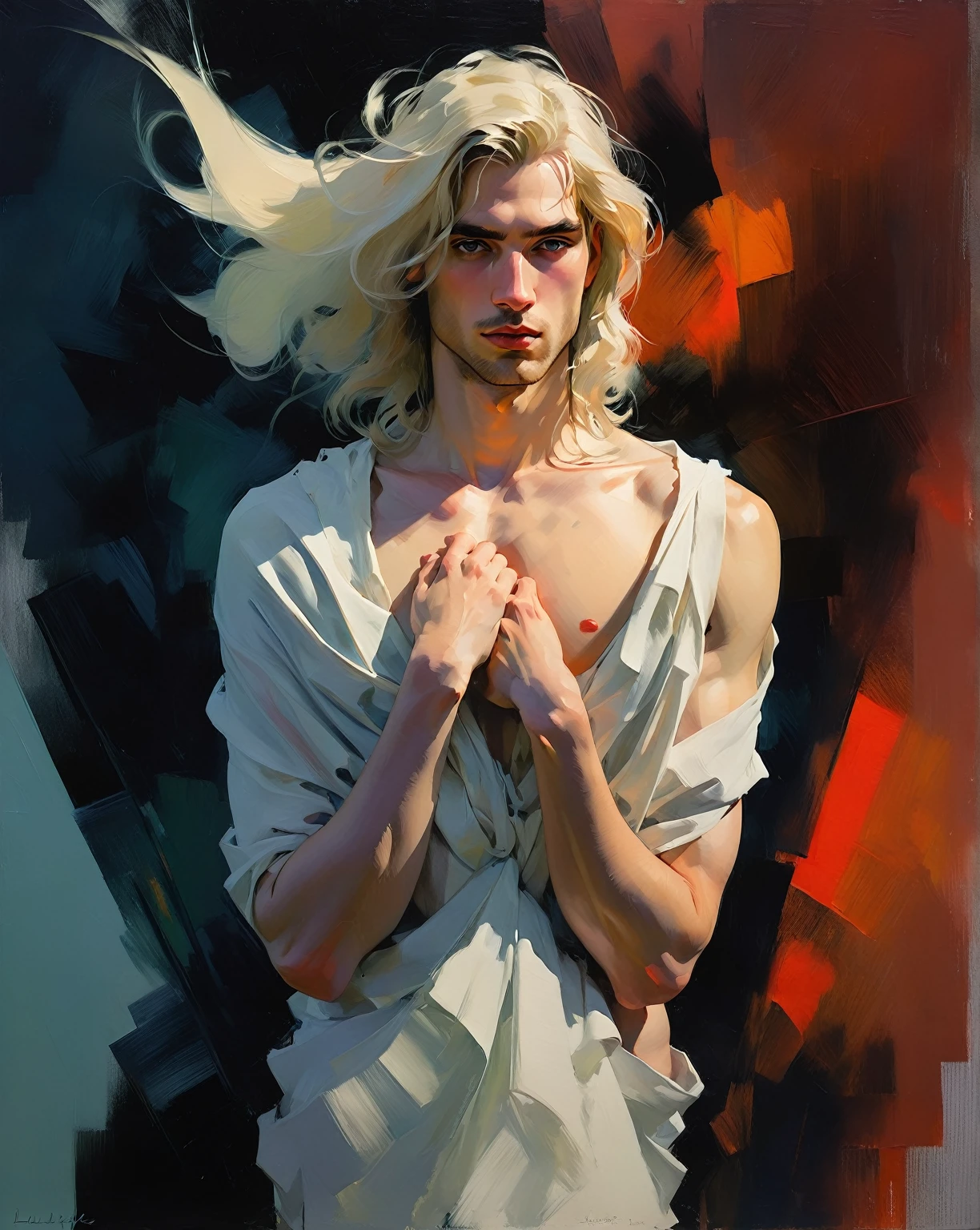 chiaroscuro technique on sensual illustration of an arafed man in white, sexy masculine, male model, by Malcom Liepke, model with attractive body, inspired by Ludovit Fulla, mid-shot of a hunky, the model draped in flowing, thick oil painting by Harumi Hironaka, extremely soft colors, vibrant, highly detailed, malcolm liepke painting, oil on canvas, high contrast, dramatic, refined, tonal, Create high contrast between light and shadow, oil on linen