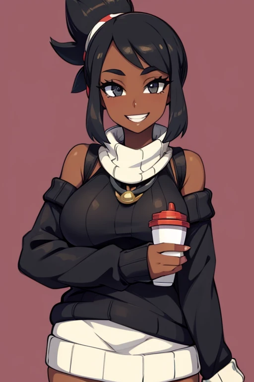 1 hot girl, milf, rich girl, very dark skin, black eyes, knit sweater, grin, gorgeous, african, pokemon trainer