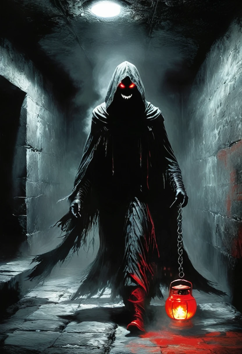 In a dark dark basement, where there is practically no light, lives a creepy demon, a demon with black skin, with big red eyes, a huge smile on a scary face, creepypasta. Niko Antila. Jerem Mann, Charles Dana Gibson, Mark Demsteder, Paula Hedley, Pino Daeni, mysterious modern vintage (full-length shot, wide angle, centered, uncropped) - ar 916 - a dramatic character from 12Dark. An artistic masterpiece. (In the style of primitivism. David Martiashvili. Spartak Mukanov. Sven37. Peter Elson, Ryohei Hase, Rafael Sanzio, Pino Daeni, Ray Caesar).