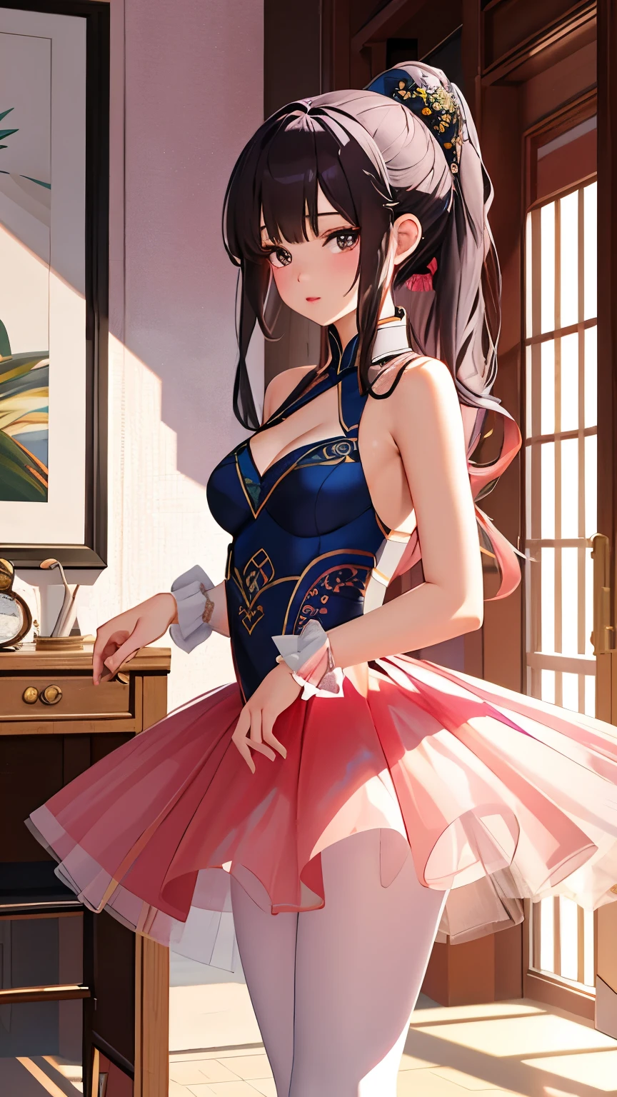 best quality, 1girl, masterpiece ultra detailed, illustration, yang guifei, glossy lips, standing, indoors, ballerina, ballet skirt