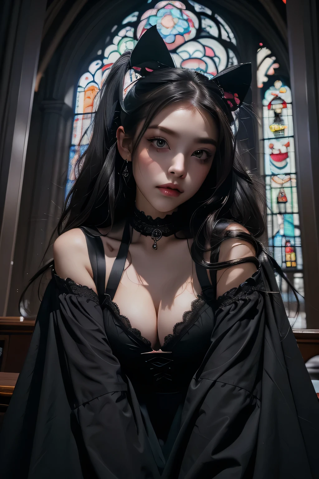 Beautiful 20 year old woman、 A peerless beauty, Extraordinary beauty, Enchanting, Dark Gothic Makeup, Bell Sleeves、Wizard Sleeve, Black maid outfit、Dark Gothic、Long dresses、Gothic ta, garter belt、Knee-high socks、pantyhose, Twin tails、Black dark eyeshadow、Visual Lock、Good skin radiance、Lace pink、Long Hair Straight Hair、Dark Gothic Makeup, Black hair color, Looking up from below, Deep Night Sky, Inside the church, Stained Glass Background, masterpiece, 最high quality, high quality, High resolution, (Gothic Loli Plump thighs, (Upper body portrait)