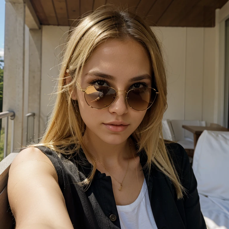 Real blonde girl with sunglasses do selfie