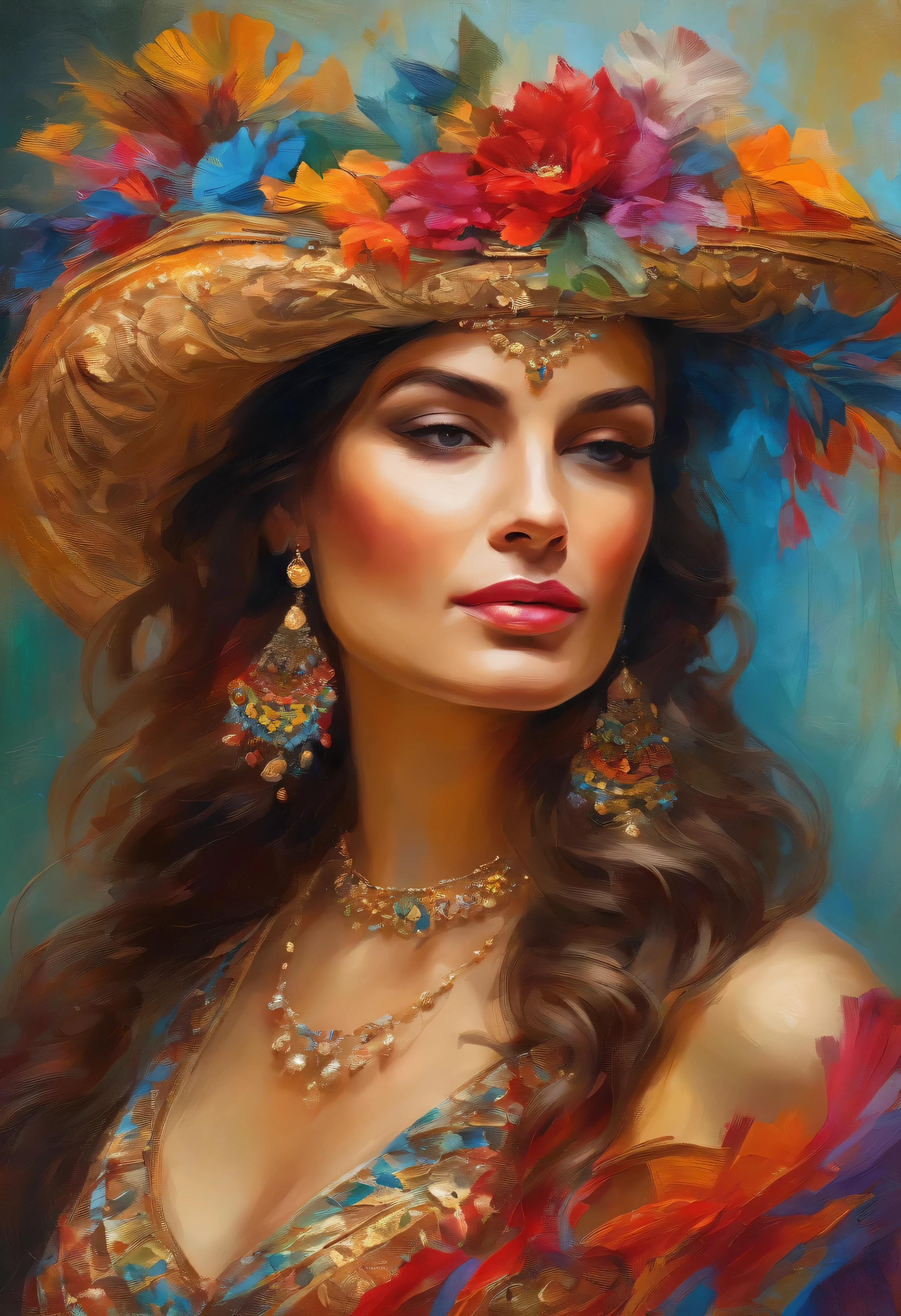 (mejor calidad,ultra detallado,Colores ricos,high resolution,retrato,elegant illustration,Golden lighting,ambiente animado,detalles exquisitos,estilo pulido,Obra maestra:1.2,extravagant,hermosas joyas,Diamantes deslumbrantes,bordado vibrante,magnificent design,tela lujosa,vestido elegante,Maquillaje delicado,pose segura,mirada intensa,impresionante fondo,hermosa arquitectura,artistic style, Hypnotic atmosphere,delicate ornamentation,refinamiento elegante,contraste sorprendente,Moda vanguardista,lujo exclusivo,Centro Rockefeller,Cultural Fusion,herencia mexicana,cultura vibrante,influencia latinoamericana)