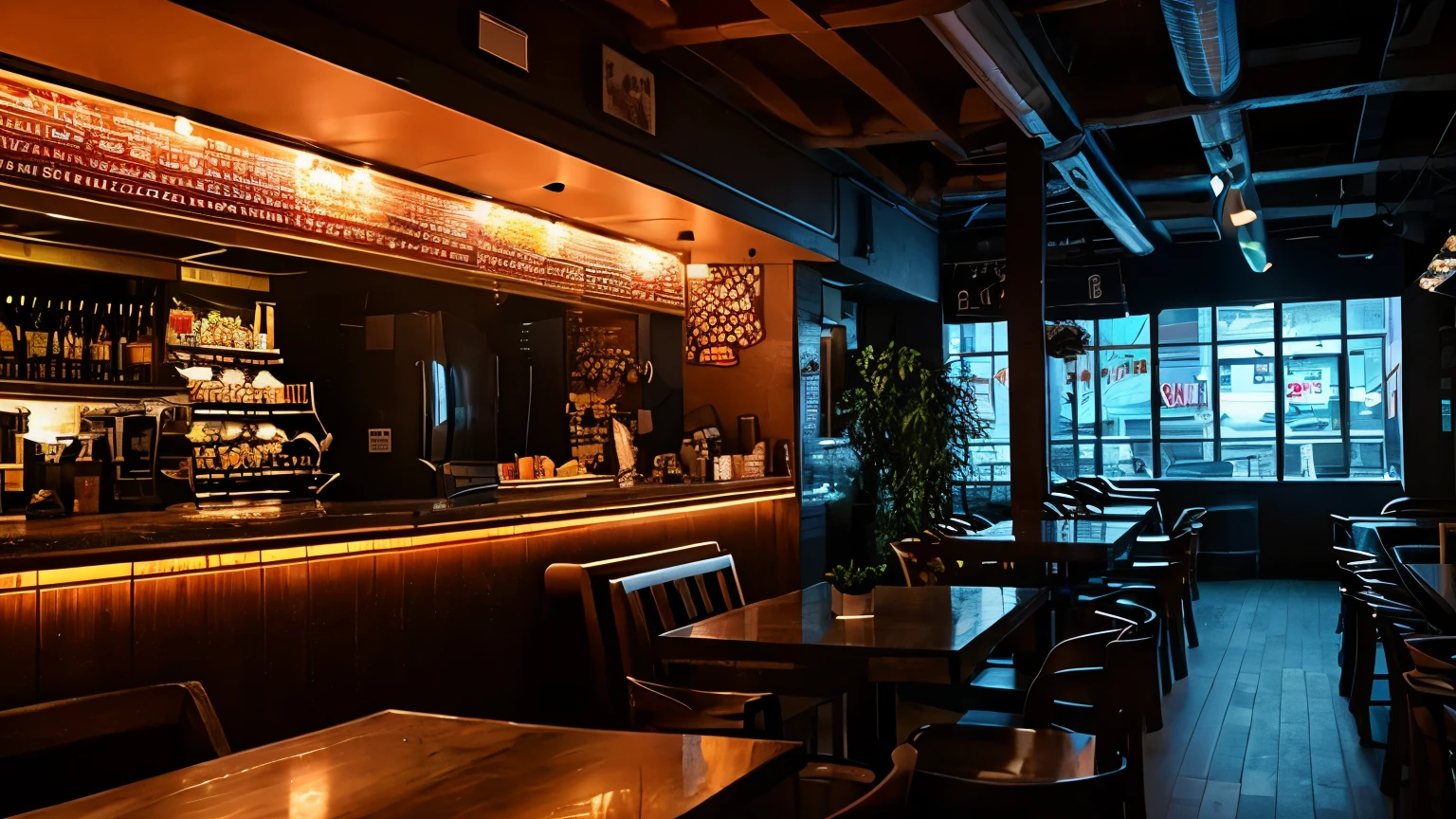 Restaurant with night view、High resolution、The interior of the store is dimly lit and stylish.、Image Size16：9