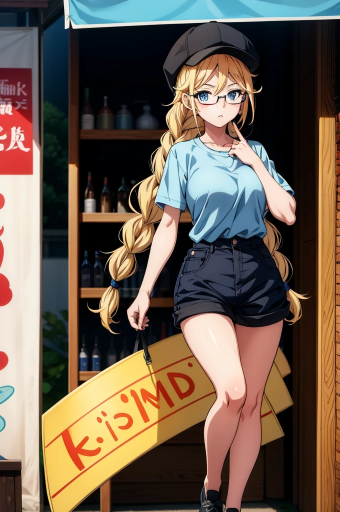a cartoon drawn female anime character poses as a hat seller at her booth, 1girl, solo, blue eyes, blonde hair, glasses, hat, shorts, black shorts, looking at viewer, breasts, braid, twin braids, black headwear, shirt, long hair