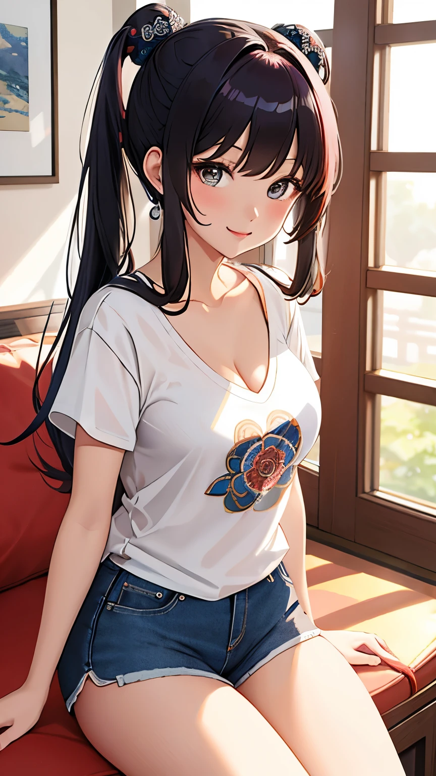 best quality, 1girl, masterpiece ultra detailed, illustration, yang guifei, glossy lips, indoors, sitting, (short shorts, v-neck t-shirt), light smile