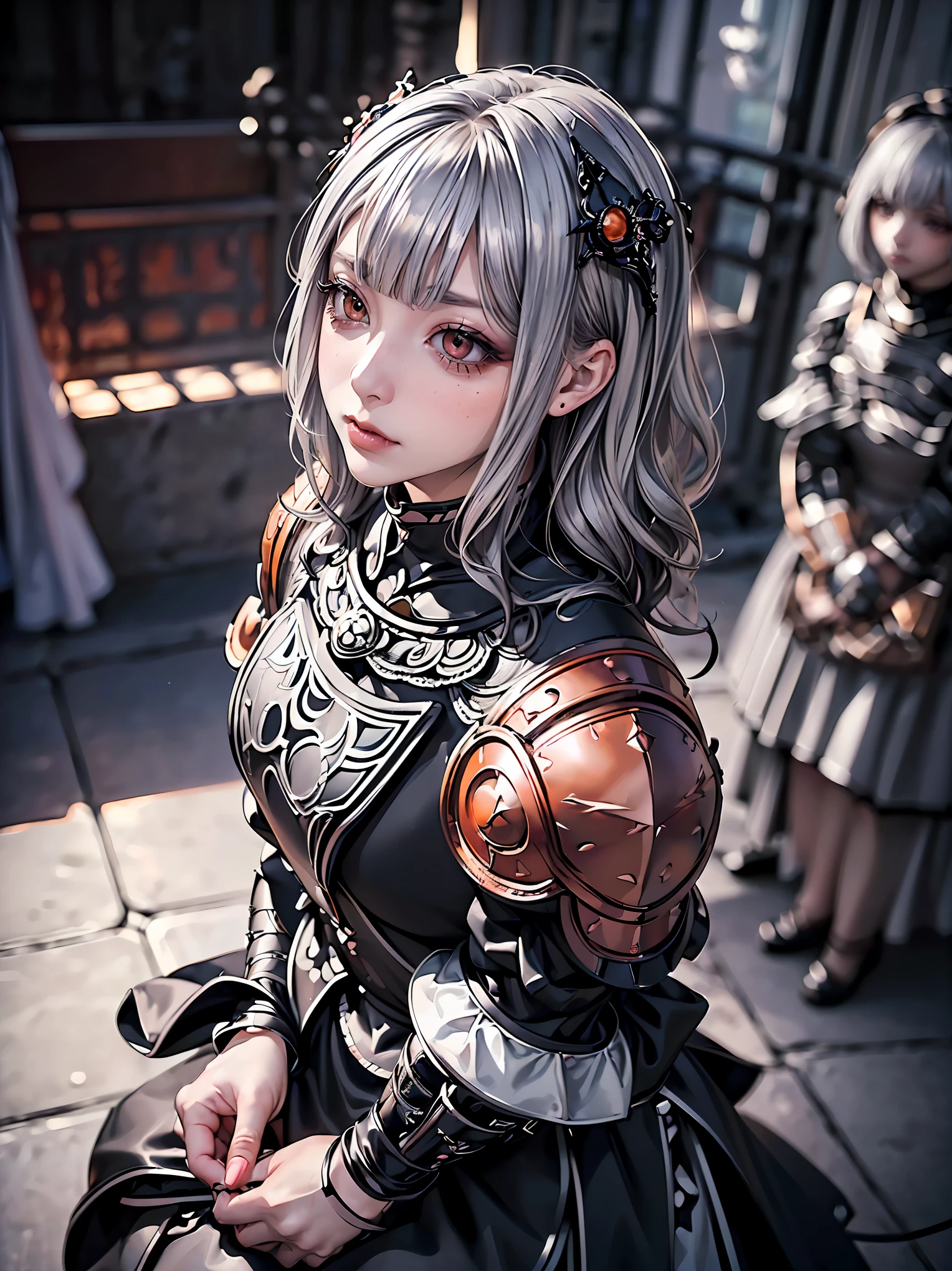 Surreal、Delicate and detailed line drawingasterpiece、highest quality、Highest quality、(One Woman、、(Silver Hair、Hime cut, Wavy Hair, short hair:1.2)、(Natural Makeup、Eyelash extensions、Sharply draw eyelashes、Eyebrows are thin and short、Deep orange blush:1.1)、(Staring at the audience, Spaced out、Looks sleepy、The mouth is open、A little red cheeks:1.3)、(disaster々Full plate armor of black iron with elaborate ornamentation, Densely detailed dress armor, Dark Knight:1.3)、garden、A mysterious scene with light pouring down, (Blur the background:1.3)、(The subject is viewed from above:1.1)、Photo from thigh up