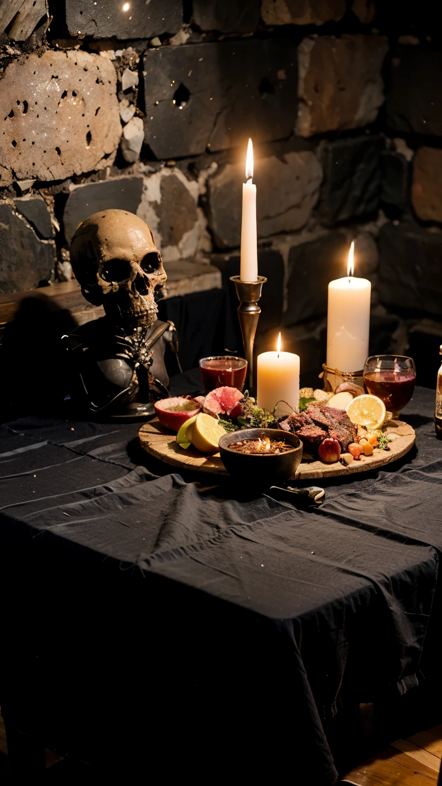 An amateur cell phone photo of a Goetia Luciferiana altar, on a table with a black tablecloth. There are several candles lit in candlesticks, there are skulls, many candles forming a circle around them. There is a black mirror in the shape of a pyramid/triangle and some wine glasses, bottles of drinks, and also plates with fruit. An altar with various offerings. There are some dishes with raw meat. There are several red roses, red ribbons, hearts, red liquid and honey on top. Apples.