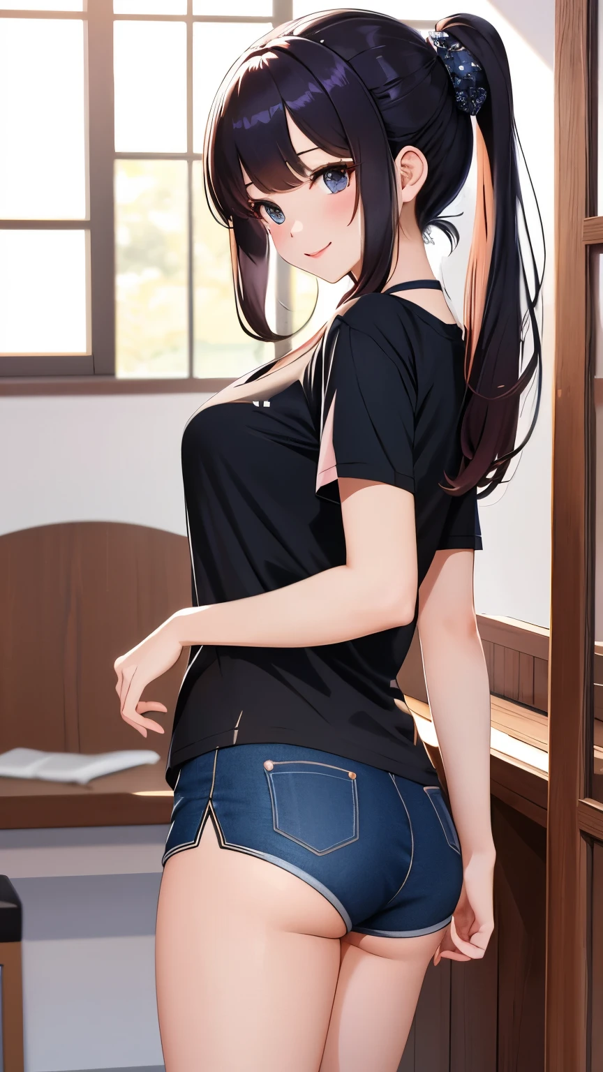 best quality, 1girl, masterpiece ultra detailed, illustration, yang guifei, glossy lips, indoors, standing, (short shorts, v-neck t-shirt), light smile, looking back at viewer