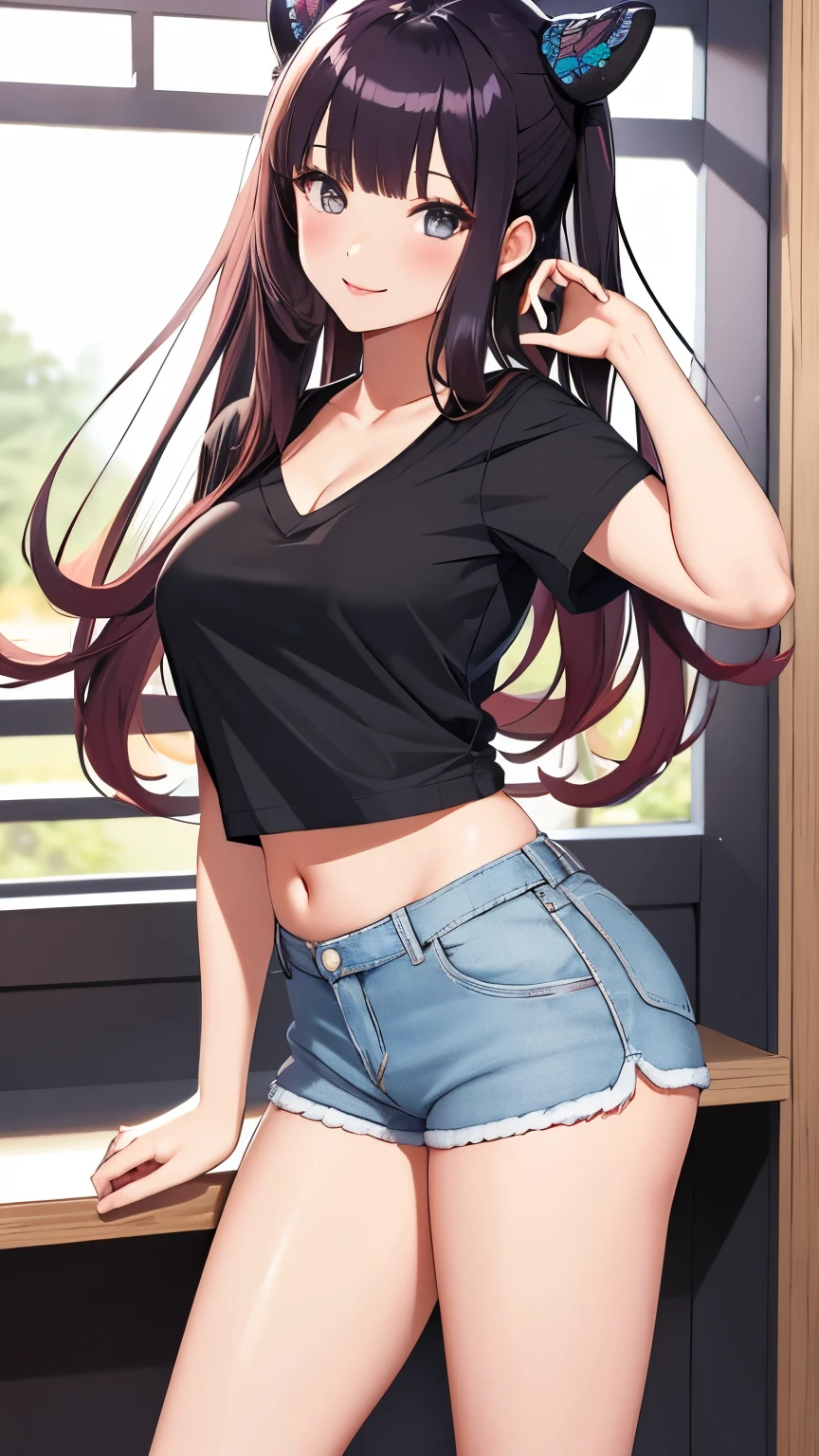 best quality, 1girl, masterpiece ultra detailed, illustration, yang guifei, glossy lips, indoors, standing, (short shorts, v-neck t-shirt), light smile, looking back at viewer