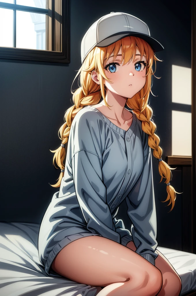 masterpiece,Best quality,Perfect body,Anime girl,1 girl,Long light chestnut hair,Patsun,Ponytail,Light blue eyes,Hanging eyes,Pretty girl,Big:1.3,Naked shirt,Cleavage,Curvaceous legs,Shy look,Boudoir,Lying on bed,Low angle