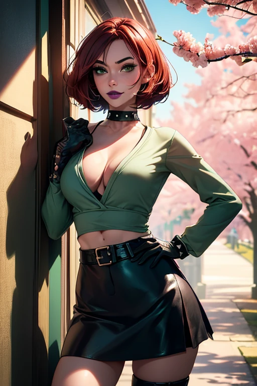 Masterpiece, beautiful art, professional artist, 8k, very detailed face, very detailed hair, 1girl, Rogue (RogueXME, short hair, two-tone hair, (red hair), (white bangs), green eyes, purple makeup, purple lipstick, medium breasts, smiling, choker, studded collar, ((green shirt)), miniskirt, leather skirt, gloves, boots), walking the streets of Kyoto, beautiful cherry blossoms, sunset, hot, horny, aroused, blushing, thinking of her girlfriend, missing her lover, no labels, no branding, perfectly drawn body, beautiful face, very detailed eyes, rosey cheeks, intricate details in eyes, perfect fit body, beautiful body, extremely detailed, intricate details, highly detailed, sharp focus, detailed skin, realistic skin texture, texture, detailed eyes, high resolution, kodak vision color, foto_\(ultra\), post-processing, maximum detail, roughness, real life, ultra realistic, photorealism, photography, absurdres, RAW photo, highest quality, high detail RAW color photo, professional photo, extremely detailed UHD 8k wallpaper unit, best quality, highres, (masterpiece, top quality, high resolution:1.4), photo, cinematic, film grain, sharp, soft natural light, magic photography, super detailed