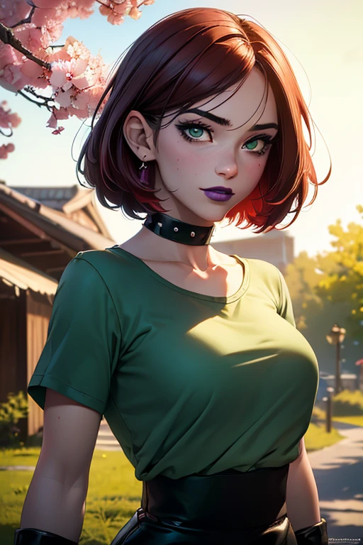 Masterpiece, beautiful art, professional artist, 8k, very detailed face, very detailed hair, 1girl, Rogue (RogueXME, short hair, two-tone hair, (red hair), (white bangs), green eyes, purple makeup, purple lipstick, medium breasts, smiling, choker, studded collar, ((green shirt)), miniskirt, leather skirt, gloves, boots), walking the streets of Kyoto, beautiful cherry blossoms, sunset, hot, horny, aroused, blushing, thinking of her girlfriend, missing her lover, no labels, no branding, perfectly drawn body, beautiful face, very detailed eyes, rosey cheeks, intricate details in eyes, perfect fit body, beautiful body, extremely detailed, intricate details, highly detailed, sharp focus, detailed skin, realistic skin texture, texture, detailed eyes, high resolution, kodak vision color, foto_\(ultra\), post-processing, maximum detail, roughness, real life, ultra realistic, photorealism, photography, absurdres, RAW photo, highest quality, high detail RAW color photo, professional photo, extremely detailed UHD 8k wallpaper unit, best quality, highres, (masterpiece, top quality, high resolution:1.4), photo, cinematic, film grain, sharp, soft natural light, magic photography, super detailed