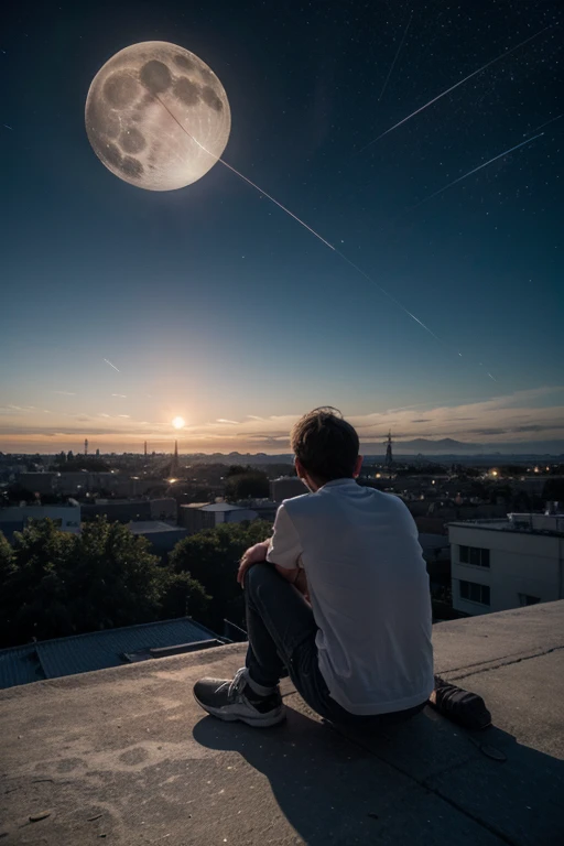 Create an image of a boy on top of a building at night watching the moon and stars