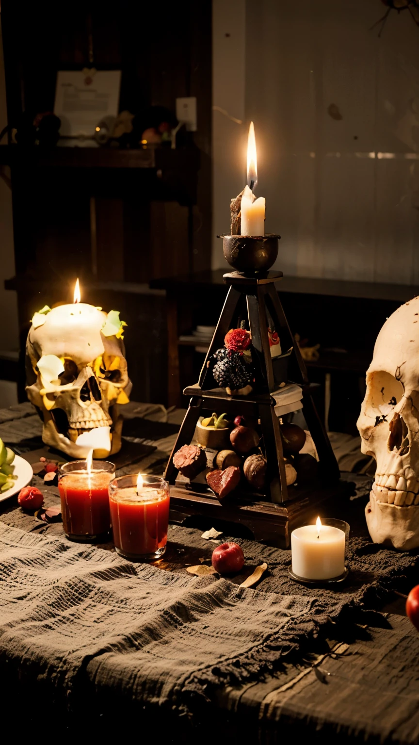 An amateur cell phone photo of a Goetia Luciferiana altar, on a table with a black tablecloth. There are several candles lit in candlesticks, there are skulls, many candles forming a circle around them. There is a black mirror in the shape of a pyramid/triangle and some wine glasses, bottles of drinks, and also plates with fruit. An altar with various offerings. There are some dishes with raw meat. There are several red roses, red ribbons, hearts, red liquid and honey on top. Apples.