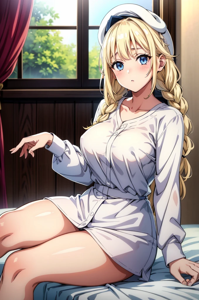 a beautiful blonde woman in white haired head gear sitting on a bed, 1girl, solo, blonde hair, long hair, twin braids, braid, sitting, looking at viewer, hat, shirt, breasts, indoors, blush, blue eyes, white shirt, on bed, baseball cap, long sleeves, window, collarbone, bangs