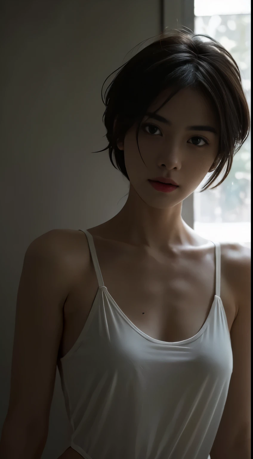 Best quality, masterpiece, ultra high res, (photorealistic:1.5), raw photo, 1girl, in the dark, deep shadow, low key, cold light, y look, short hair, swimsuit