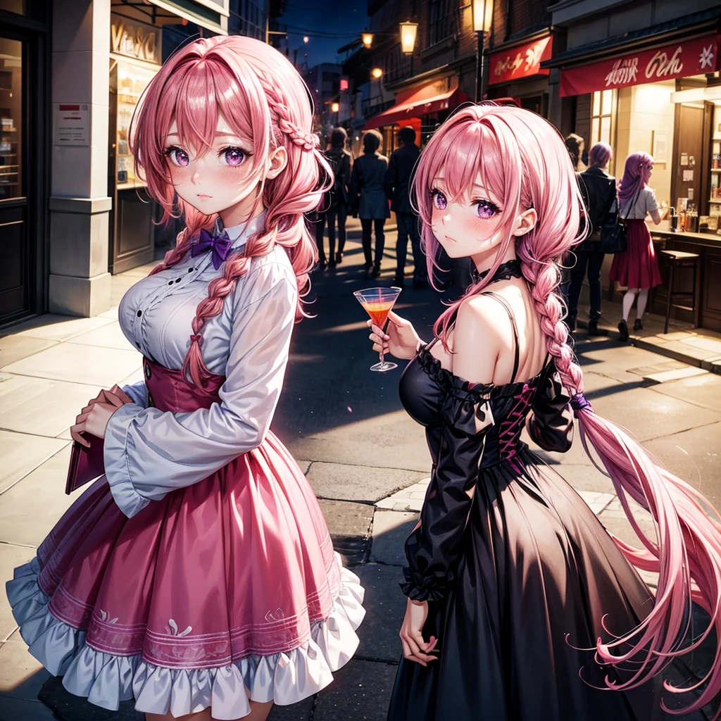 anime art, 3 young girl,
with different emotions, full-length, pink hair, hair braided, purple eyes, red cocktail dress, light blush on her cheeks, unforgettable makeup,says something with a questioning expression on his face, high detail, no back light