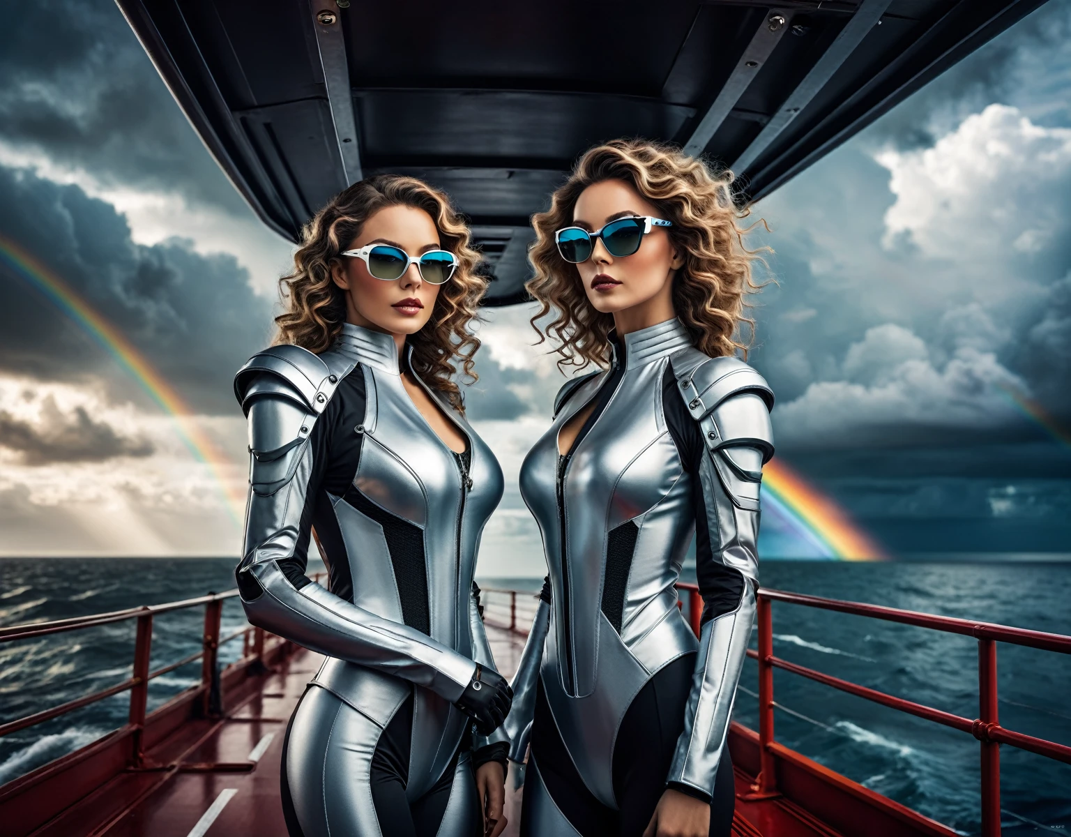 A beautiful woman with refined and confident features, wearing modern glasses that highlight her determined expression. Her wavy hair falls elegantly over her shoulders. She is wearing a futuristic outfit, combining high-tech elements with elegance and modernity. Her posture is firm and self-confident, reflecting a mixture of sophistication and fearlessness.
It is positioned at a central point on the ship launching platform, located on a large stretch of coastline. The platform's giant gates are open, revealing the vast mechanized object in the background. The sea stretches as far as the eye can see, creating a feeling of infinity and mystery.
In the sky, dark and imposing clouds mix, creating a tense and exciting atmospheric environment. Between these clouds, streaks of light break through, adding a dramatic and magical touch to the scene. In the background, a rainbow appears, contrasting with the darkness of the clouds and adding an element of hope and beauty.