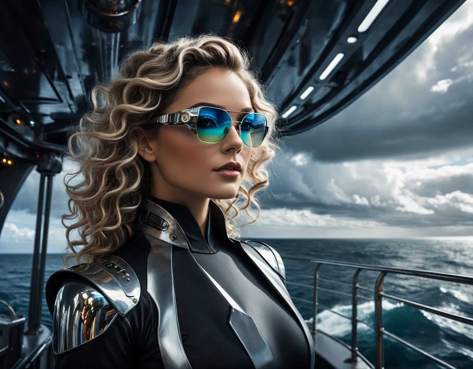 A beautiful woman with refined and confident features, wearing modern glasses that highlight her determined expression. Her wavy hair falls elegantly over her shoulders. She is wearing a futuristic outfit, combining high-tech elements with elegance and modernity. Her posture is firm and self-confident, reflecting a mixture of sophistication and fearlessness.
It is positioned at a central point on the ship launching platform, located on a large stretch of coastline. The platform's giant gates are open, revealing the vast mechanized object in the background. The sea stretches as far as the eye can see, creating a feeling of infinity and mystery.
In the sky, dark and imposing clouds mix, creating a tense and exciting atmospheric environment. Between these clouds, streaks of light break through, adding a dramatic and magical touch to the scene. In the background, a rainbow appears, contrasting with the darkness of the clouds and adding an element of hope and beauty.