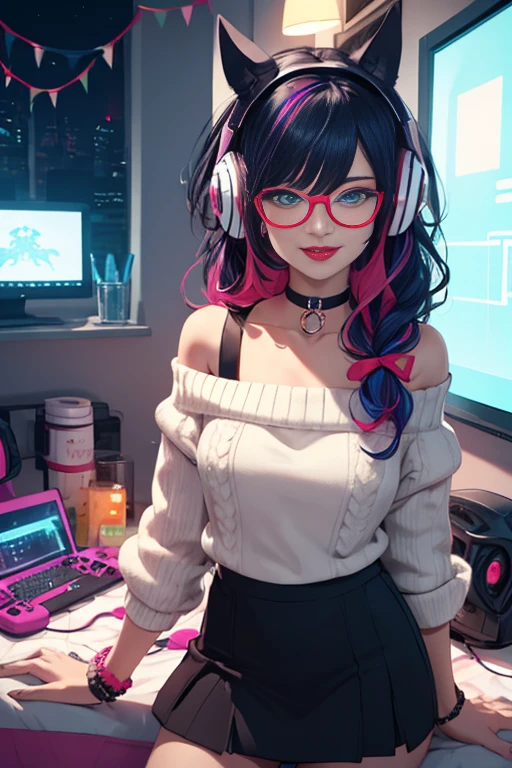 ((best quality)), ((masterpiece)), (detailed), perfect face, female, gamer girl, aqua eyes, cherry-red lips, light smile, long black hair, purple streaks, wearing headphones, bangs, ribbon, choker, bracelet, nerdy glasses, sleeves past fingers, black off-shoulder sweater, skirt, thigh-highs, gamer girl's bedroom, nighttime, neon lights, colorful lights