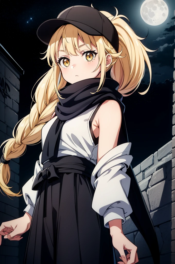 (((grayscale)))(masterpiece:1.2, best quality), (graffiti wall:1.15), super fine illustration,vibrant colors, masterpiece, sharp focus, best quality, depth of field, cinematic lighting,ultra detailed,1girl,anime lady in yellow with scarf and some hair standing in the background with moon in the sky, 1girl, solo, black hair, yellow eyes, moon, scarf, ponytail, looking at viewer, sleeveless, sash, japanese clothes, long hair, ninja, full moon, obi, ((masterpiece, best quality)),((masterpiece)), ((best quality)), (ultra-detailed), ((kawaii)),Eiko Tsukimi, blue eyes, braid, twin braid,(((blonde hair))),baseball cap,