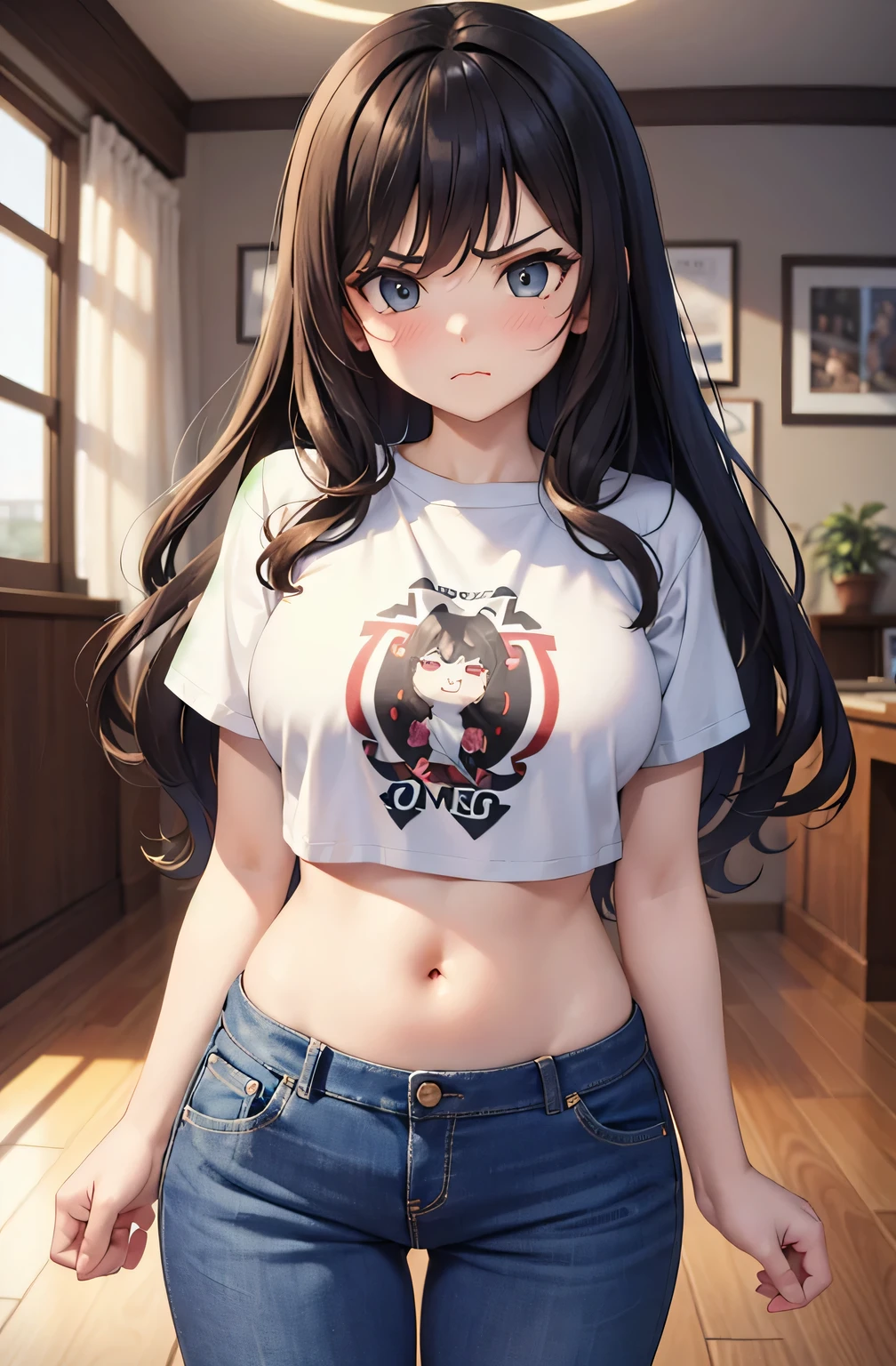 super fine illustration, vibrant colors, masterpiece, sharp focus, best quality, depth of field, cinematic lighting, ultra detailed, short sleeves, crop top, t shirt, casual pants, belly button, midriff, wide hips, 1 woman, home, solo, milf, very messy hair, long curly hair, slender, blush, angry, room, indoors, mature female, tall woman,  puff cheek, pout, 