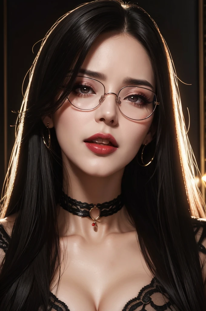 portrait of sexy mature woman, rimless glasses, long straight hair, choker, bright lipstick, orgasm, emotion, ahegao, passion, asphyxiation, close up portrait, high detailed image, masterpiece, oil painting, big breasts