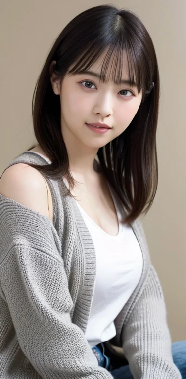 (8k), (highest quality: 1.2), (Realistic), (Realistic: 1.37), Ultra-high resolution, 1 girl, Head to knee photo、cute, smile, Mouth closed, Beautiful details, Beautiful Nose, whole body, Wet Hair, Giant Dulcefo, pork, , (Large Breasts)、Saggy breasts、Soft Breasts、Overflowing breasts、Grayish color knit cardigan、隠しきれないLarge Breasts、Voluptuous thighs、Odd Eye、Heterochromia iridis
