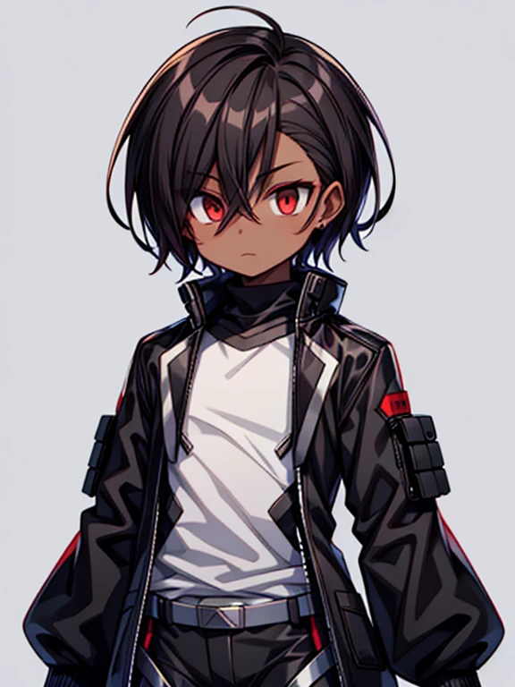 dark skin, male, medium dark brown hair, big red eyes and a very  androgynous face, wearing a black long jacket, armoured exoskeleton black taimanin_suit,