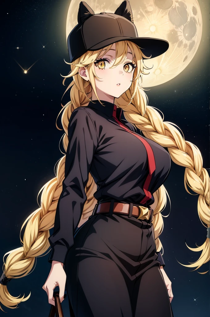 an anime art piece featuring female posing in a long black hair braid with a large hat like item on her head, moon, 1girl, full moon, solo, long hair, hat, blonde hair, braid, yellow eyes, night, looking at viewer, black headwear, baseball cap, parted lips, breasts