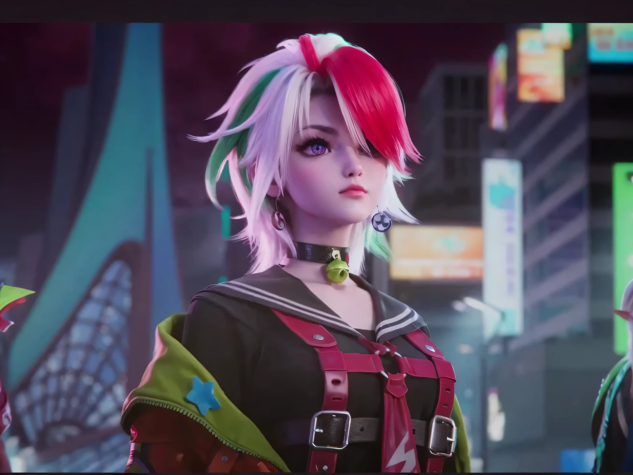 3d, realistic, 4k quality, Female face is the same as left, Female is 20 years old, and wears sunglasses, same as the original picture, best quality3d, realistic, expression of being angry, purple eyes