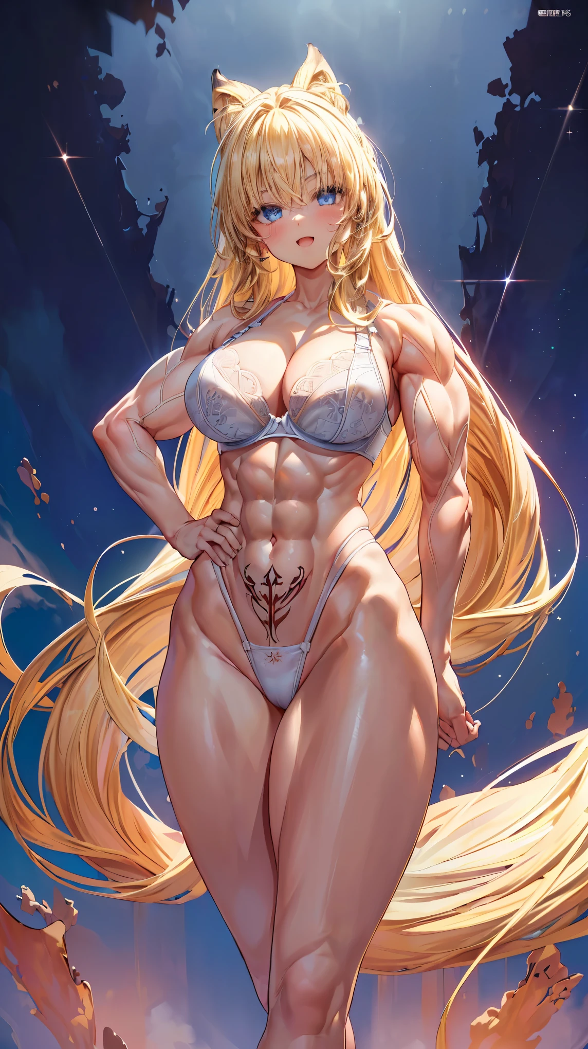 Very detailed、highest quality、Best image quality、masterpiece、8k、Anime Face、A kind smile、(Open your mouth:1.3)、Sparkling blue eyes、(Blonde semi-long hair:1.5)、(Muscles of the whole body:1.3)、(highleg:2.0)、Thigh belt、(Cowboy Shot:1.5)、(SFW Giant)、(Thick body:1.2)、(bra:1.5)、(sxspnts)、(Hands on hips:1.1)