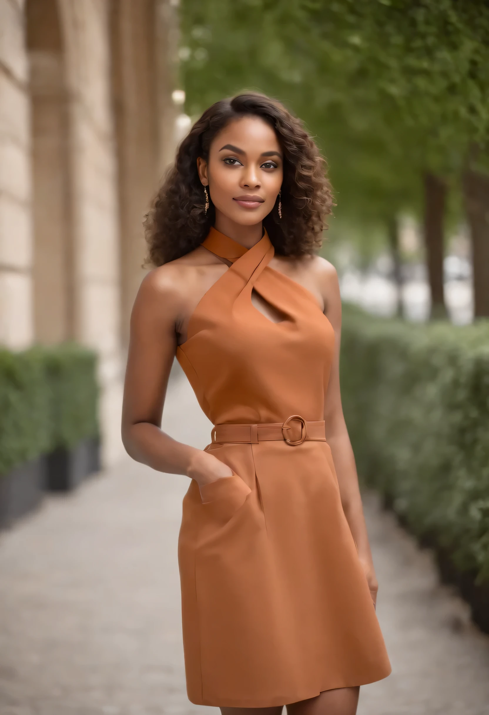 mulher de 25 anos, confiante e elegante, wear impeccable business attire. Your brown skin radiates health and vitality, perfectly complementing its sophisticated appearance.
She is wearing a pencil skirt and a silk blouse. The skirt has an elegant cut and goes up to the knee., acentuar sua figura. The blouse is neutral in color, com detalhes sutis que adicionam um toque de estilo, like a delicate knot around your neck.