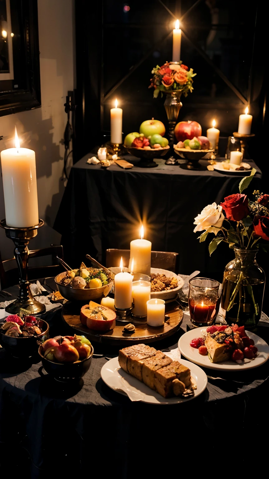 An amateur cell phone photo of a Goetia Luciferiana altar, on a table with a black tablecloth. There are several candles lit in candlesticks, there are skulls, many candles forming a circle around them. There is a black mirror in the shape of a pyramid/triangle and some wine glasses, bottles of drinks, and also plates with fruit. An altar with various offerings. There are some dishes with raw meat. There are several red roses, red ribbons, hearts, red liquid and honey on top. Apples.