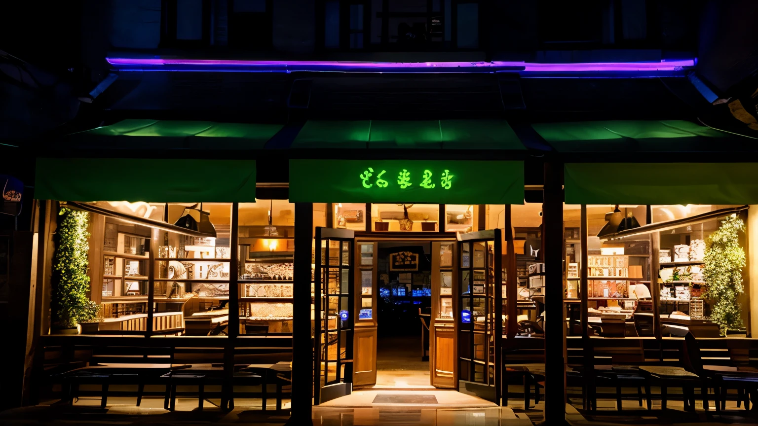 Restaurant with night view、High resolution、The interior of the store is dimly lit and stylish.、Image Size16：9