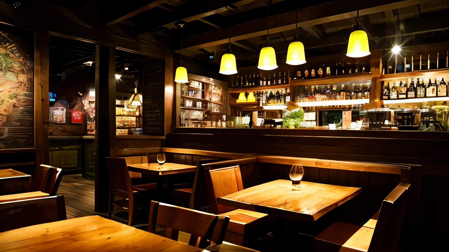 Restaurant with night view、High resolution、The interior of the store is dimly lit and stylish.、Image Size16:9
