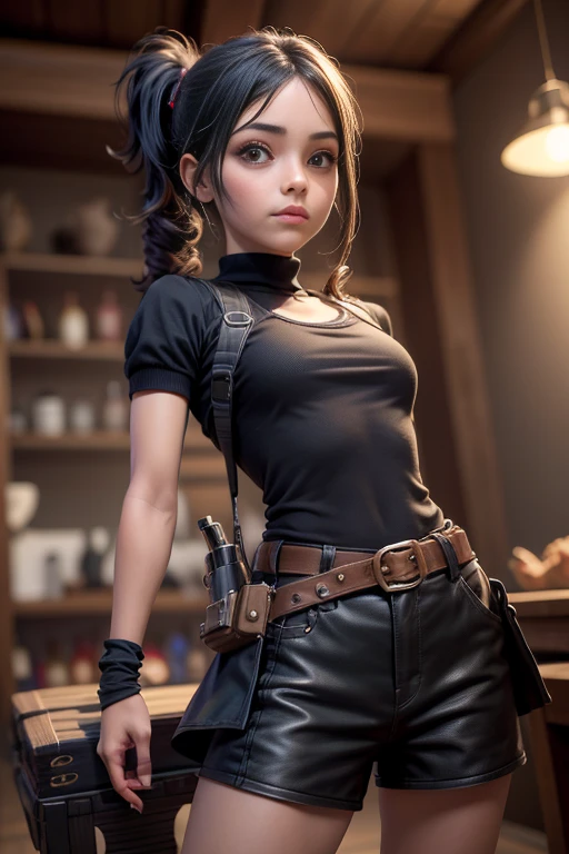 obra maestra, mejor calidad, trabajo de renderizado 3d, estilo 3DMM, de cerca, retrato, 3D, una adolesente, 12 years, sola, hermosa. Soldado arrodillada,viendo al espectador. (Esena de guerra, cannons, valas, armas). Cansada, cuerpo sucio, short cortos de mujer, top corto, (escote visible, pezon visible). Ropa rota, restos de ropa, pelo negro largo, pelo negro, iperrealista, (Tifa Lockhart), (small breasts, senos visibles). Mostrando hermoso cuerpo.