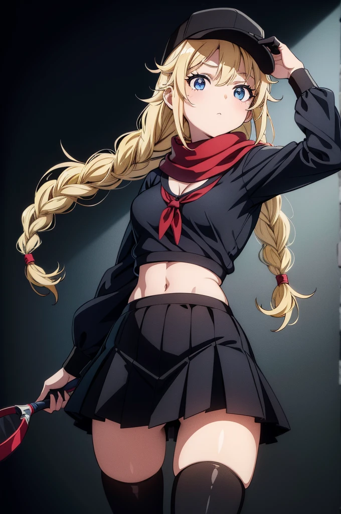 (((grayscale)))(masterpiece:1.2, best quality), (graffiti wall:1.15), super fine illustration,vibrant colors, masterpiece, sharp focus, best quality, depth of field, cinematic lighting,ultra detailed,1girl,a female anime character standing in a black top and leggings, 1girl, breasts, solo, navel, thighhighs, long hair, skirt, looking at viewer, scarf, red scarf, purple eyes, side ponytail, midriff, gloves, black hair, miniskirt, very long hair, cleavage, thighs, white thighhighs, black skirt, fishnets, black gloves, holding, stomach, ((masterpiece, best quality)),((masterpiece)), ((best quality)), (ultra-detailed), ((kawaii)),Eiko Tsukimi, blue eyes, braid, twin braid,(((blonde hair))),baseball cap,
