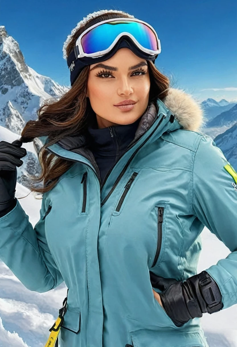 (high quality:1.5), (8k), Art of work, extremely detailed, (High detail:1.2), (Hotlexi woman), Solo, Brazilian female, (jacket, cap, snow goggles and pants),